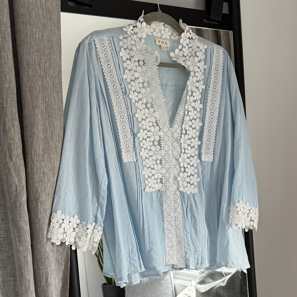 POL Sky Blue Floral Embroidered Blouse